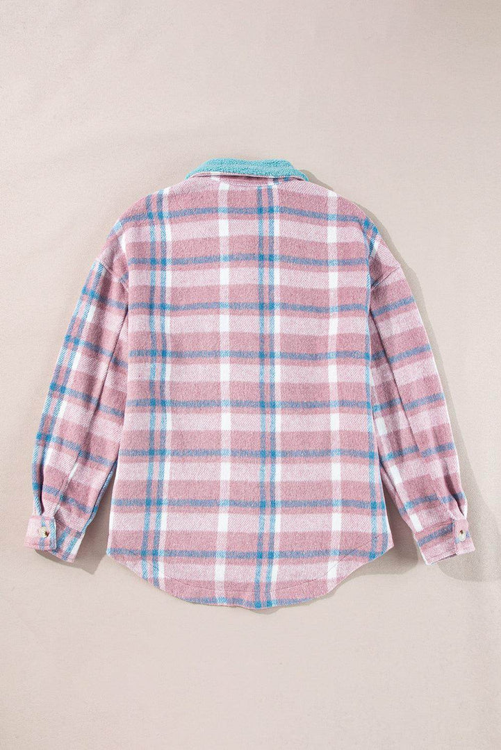 Pink Plaid Print Color Block Collared Flap Pockets Loose Shacket - Fashion Queen -  5