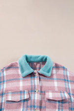 Load image into Gallery viewer, Pink Plaid Print Color Block Collared Flap Pockets Loose Shacket - Fashion Queen -  6
