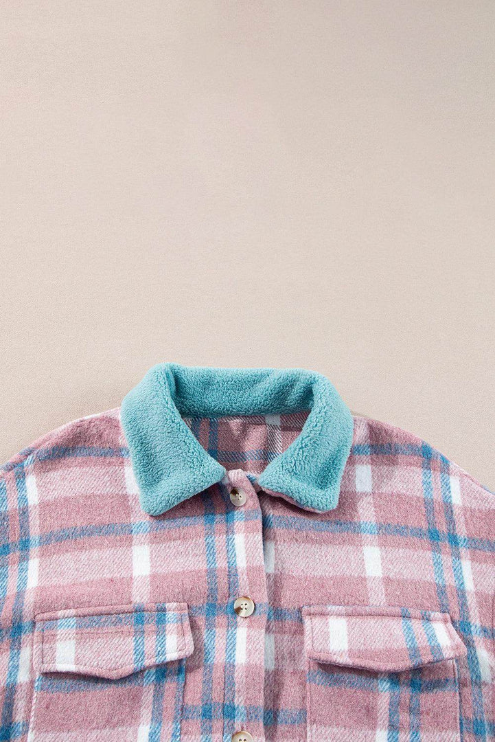 Pink Plaid Print Color Block Collared Flap Pockets Loose Shacket - Fashion Queen -  6