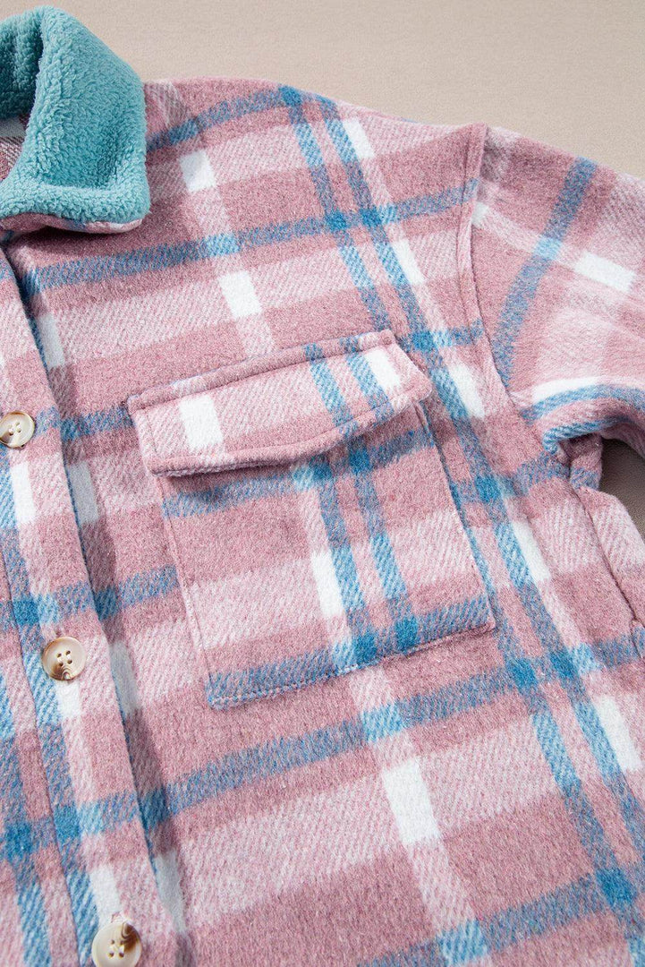 Pink Plaid Print Color Block Collared Flap Pockets Loose Shacket - Fashion Queen -  7
