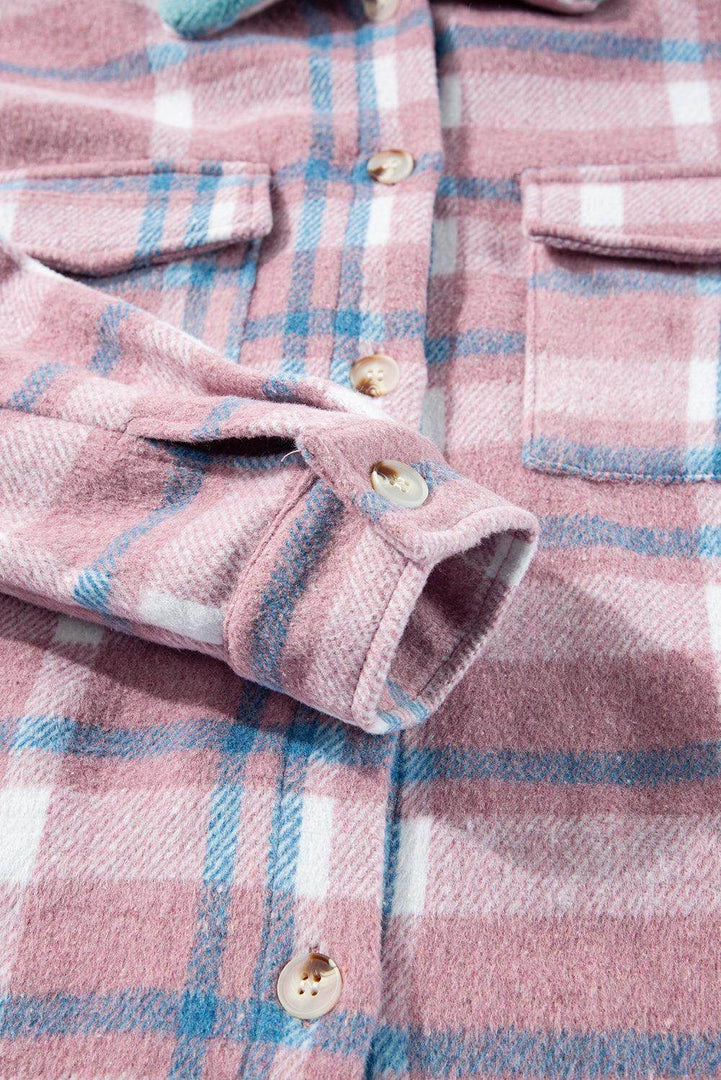 Pink Plaid Print Color Block Collared Flap Pockets Loose Shacket - Fashion Queen -  9