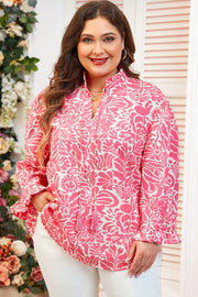 Pink Plus Size Floral Print Frilled Neck Puff Sleeve Top - Fashion Queen -  1