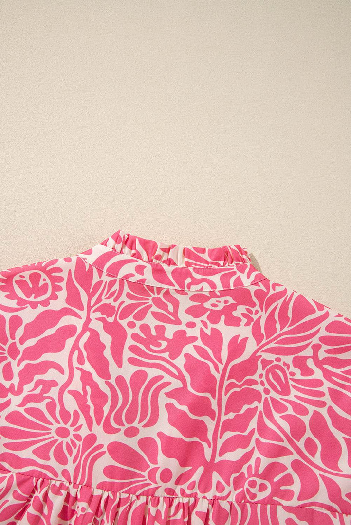Pink Plus Size Floral Print Frilled Neck Puff Sleeve Top - Fashion Queen -  12
