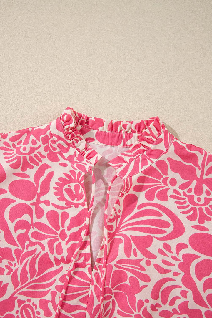 Pink Plus Size Floral Print Frilled Neck Puff Sleeve Top - Fashion Queen -  13