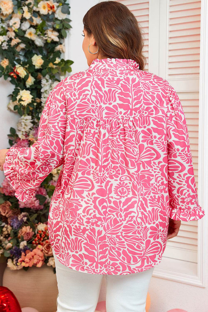 Pink Plus Size Floral Print Frilled Neck Puff Sleeve Top - Fashion Queen -  2