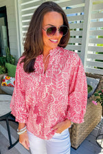 Load image into Gallery viewer, Pink Plus Size Floral Print Frilled Neck Puff Sleeve Top - Fashion Queen -  9
