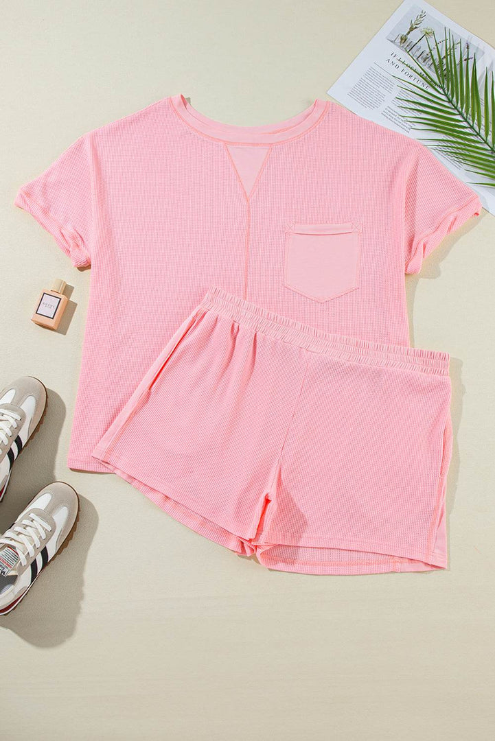 Pink Plus Size Ribbed Exposed Seam Tee and Shorts Set - Fashion Queen -  1