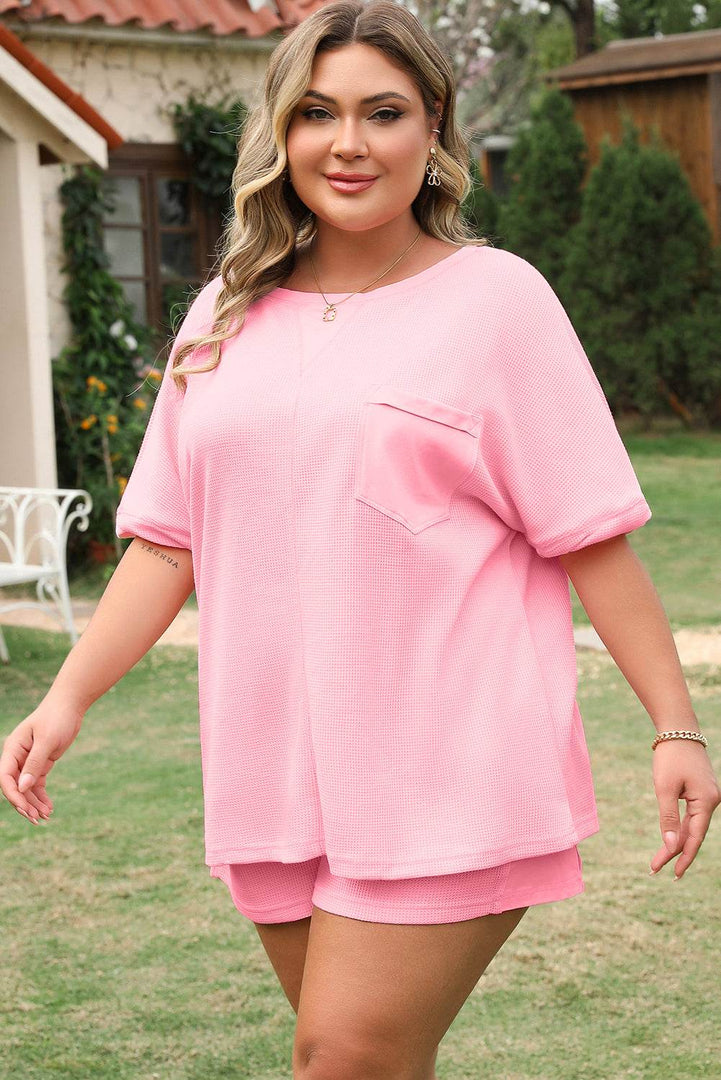 Pink Plus Size Ribbed Exposed Seam Tee and Shorts Set - Fashion Queen -  14