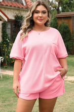 Load image into Gallery viewer, Pink Plus Size Ribbed Exposed Seam Tee and Shorts Set - Fashion Queen -  15
