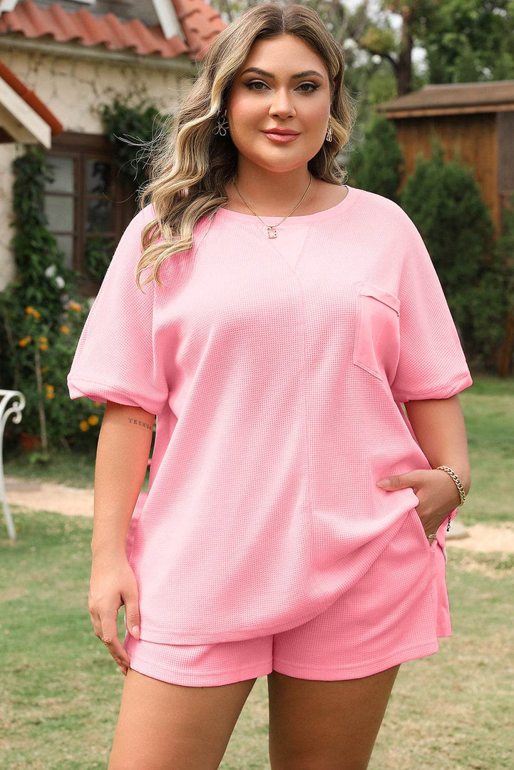 Pink Plus Size Ribbed Exposed Seam Tee and Shorts Set - Fashion Queen -  15