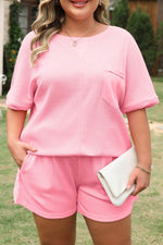 Load image into Gallery viewer, Pink Plus Size Ribbed Exposed Seam Tee and Shorts Set - Fashion Queen -  16
