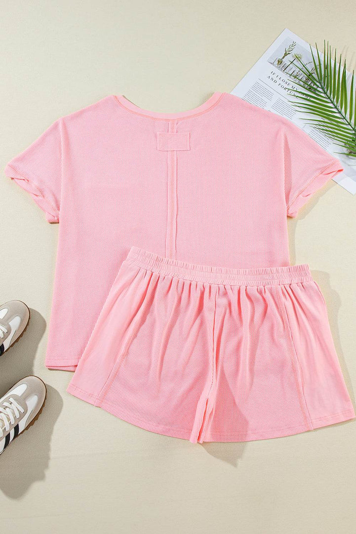 Pink Plus Size Ribbed Exposed Seam Tee and Shorts Set - Fashion Queen -  2