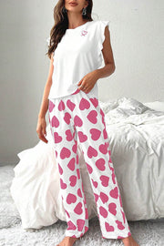 Pink Ruffled Tank Top And Heart Print Pants Lounge Set - Fashion Queen -  1
