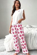 Load image into Gallery viewer, Pink Ruffled Tank Top And Heart Print Pants Lounge Set - Fashion Queen -  2
