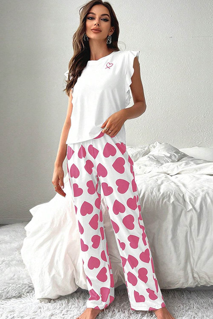 Pink Ruffled Tank Top And Heart Print Pants Lounge Set - Fashion Queen -  2