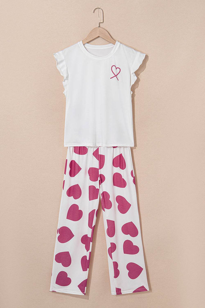 Pink Ruffled Tank Top And Heart Print Pants Lounge Set - Fashion Queen -  3