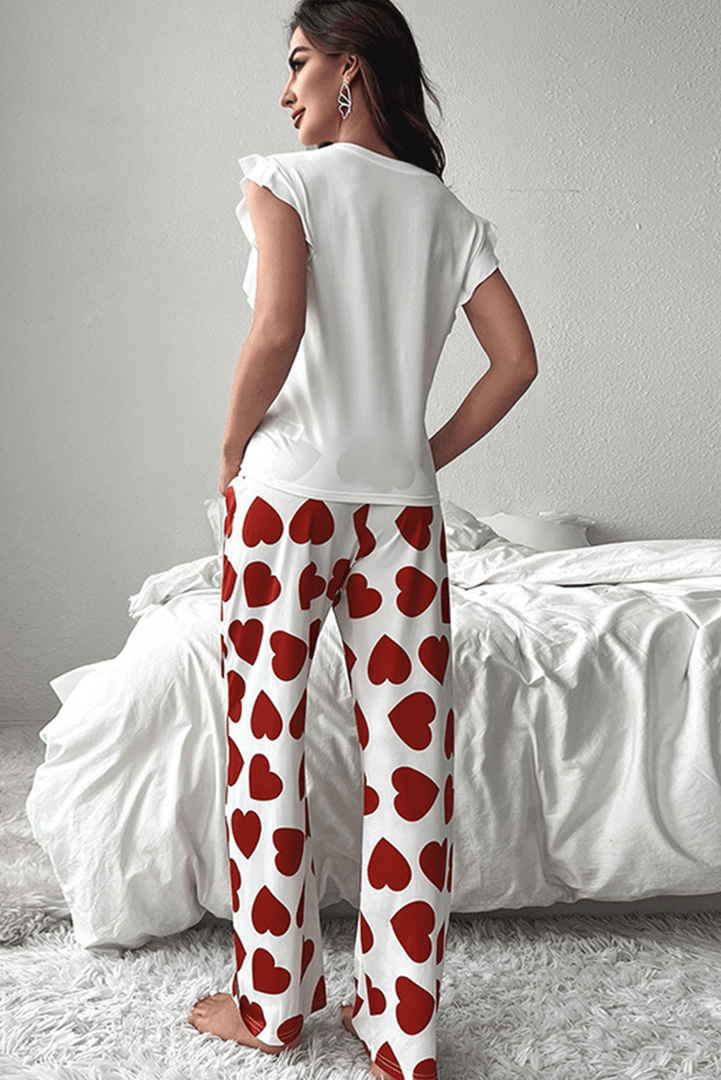 Pink Ruffled Tank Top And Heart Print Pants Lounge Set - Fashion Queen -  5