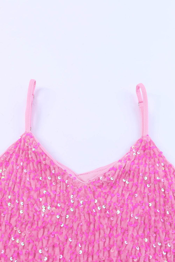 Pink Sequin Adjustable Straps Tank Top - Fashion Queen -  14