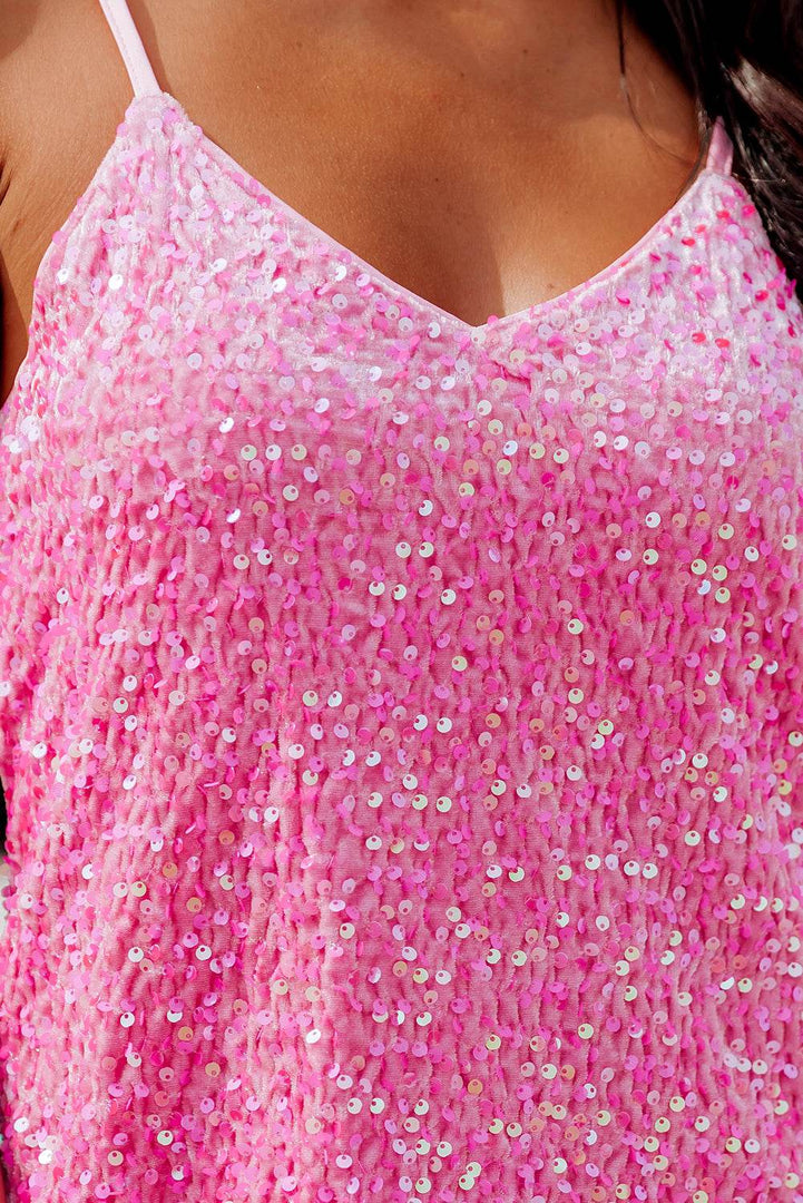 Pink Sequin Adjustable Straps Tank Top - Fashion Queen -  8