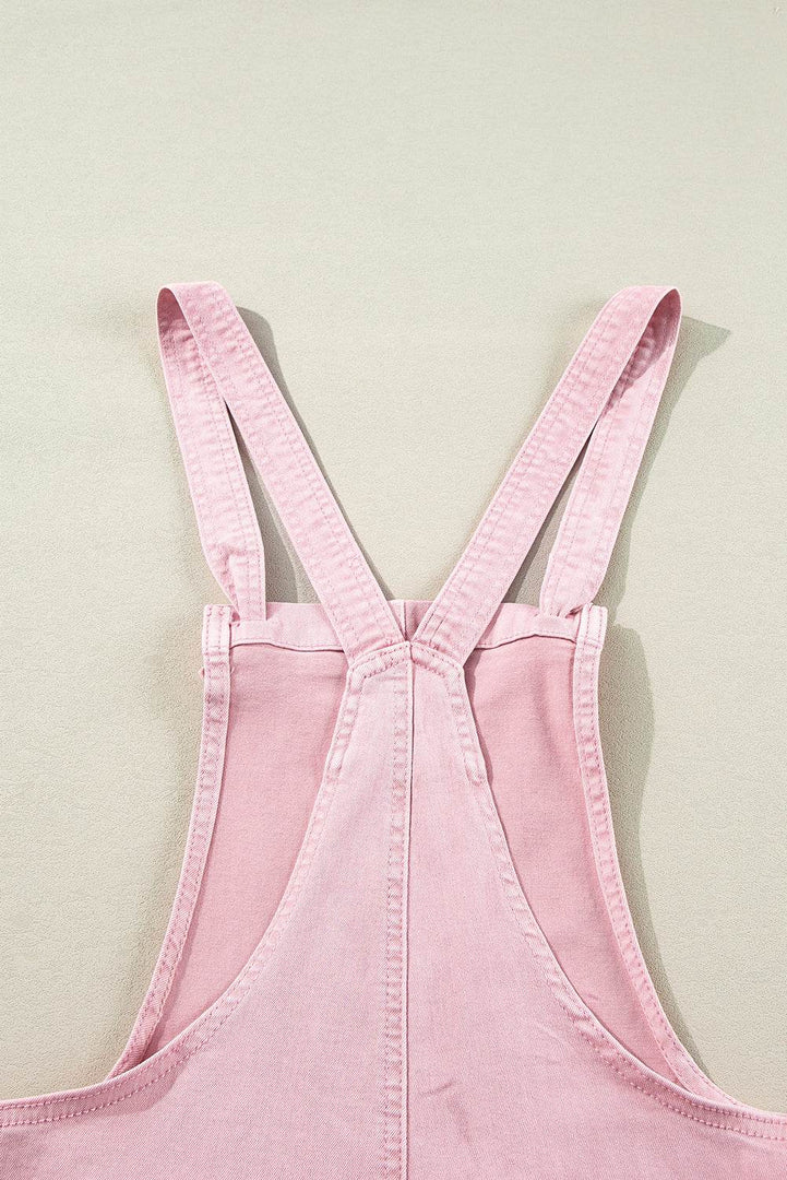 Pink Solid Color Knot Straps Denim Romper with Pockets - Fashion Queen -  10