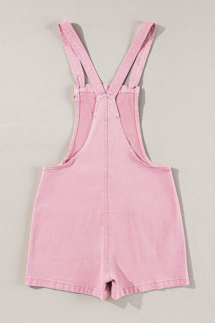 Pink Solid Color Knot Straps Denim Romper with Pockets - Fashion Queen -  7