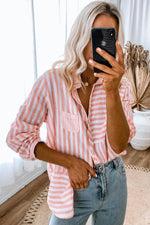 Load image into Gallery viewer, Pink Stripe Buttoned Long Sleeve Casual Shirt - Fashion Queen -  2

