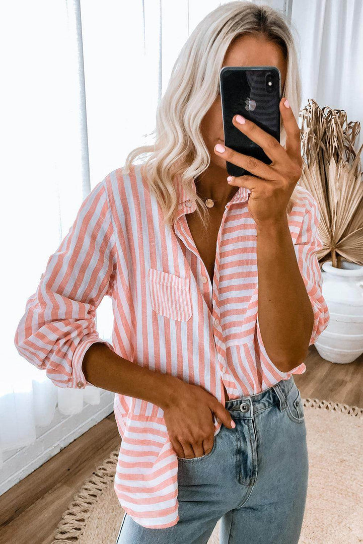 Pink Stripe Buttoned Long Sleeve Casual Shirt - Fashion Queen -  2