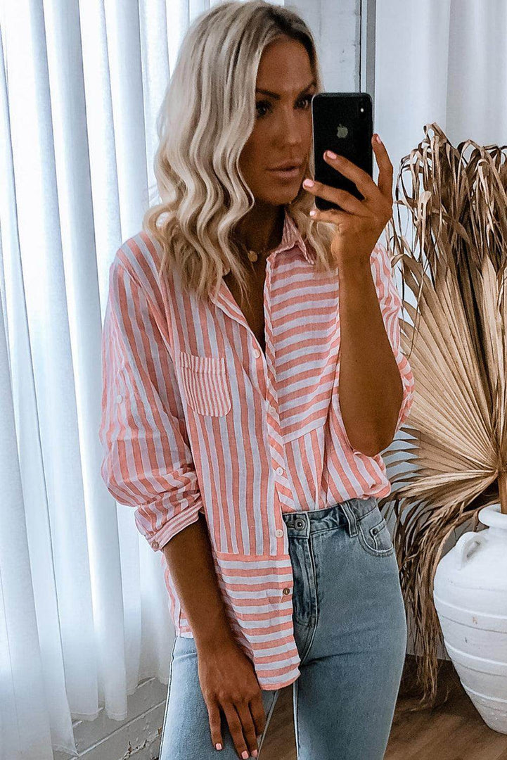 Pink Stripe Buttoned Long Sleeve Casual Shirt - Fashion Queen -  6