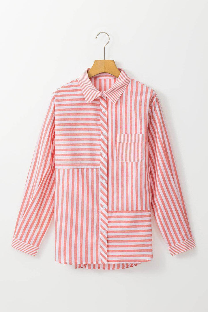 Pink Stripe Buttoned Long Sleeve Casual Shirt - Fashion Queen -  9