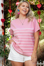 Load image into Gallery viewer, Pink Stripe Ribbed Loose Plus T Shirt - Fashion Queen -  1
