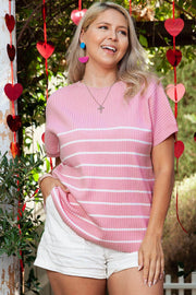 Pink Stripe Ribbed Loose Plus T Shirt - Fashion Queen -  1