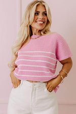Load image into Gallery viewer, Pink Stripe Ribbed Loose Plus T Shirt - Fashion Queen -  11
