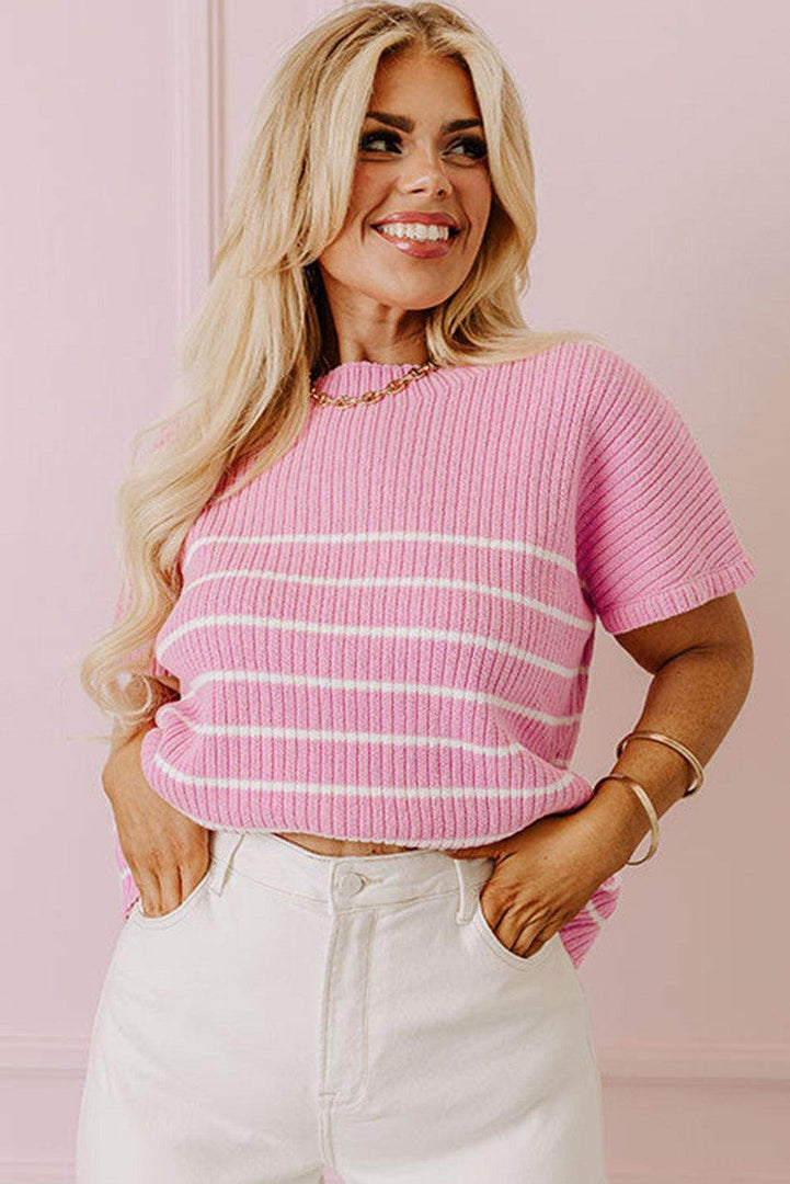 Pink Stripe Ribbed Loose Plus T Shirt - Fashion Queen -  11