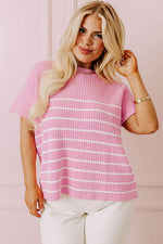 Load image into Gallery viewer, Pink Stripe Ribbed Loose Plus T Shirt - Fashion Queen -  12
