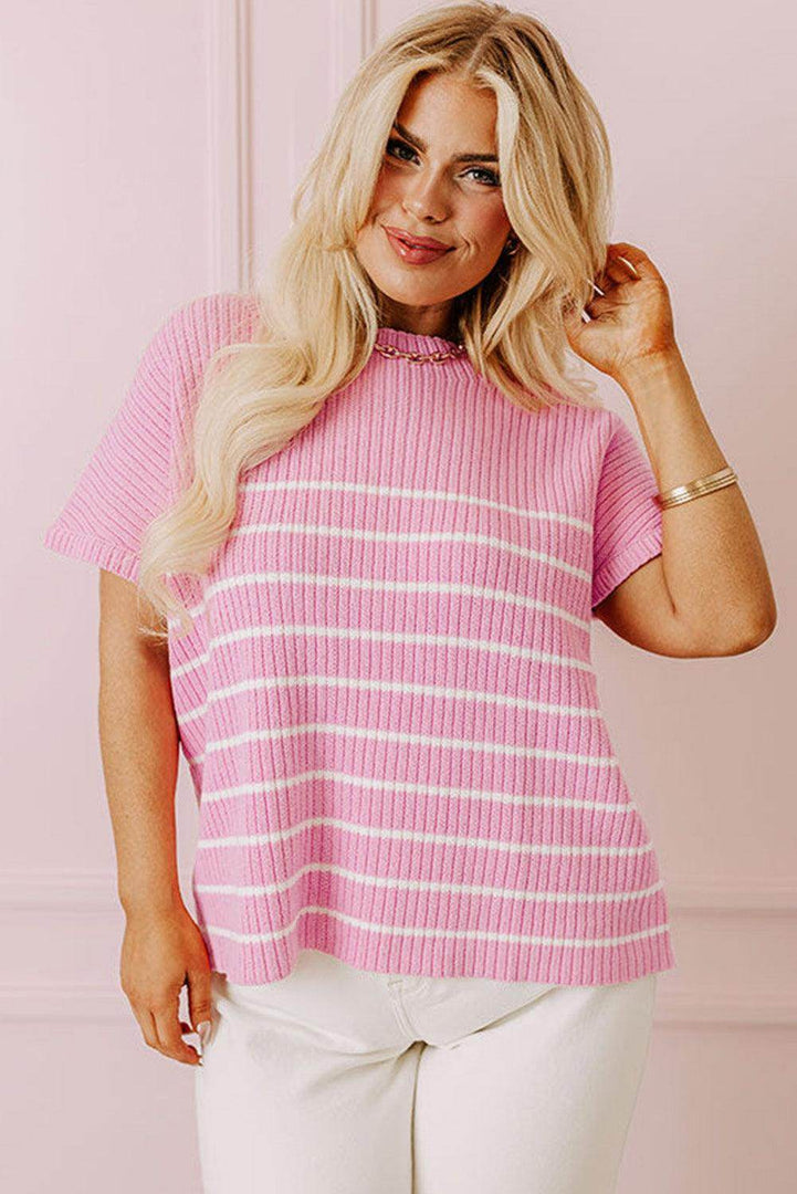 Pink Stripe Ribbed Loose Plus T Shirt - Fashion Queen -  12