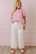 Load image into Gallery viewer, Pink Stripe Ribbed Loose Plus T Shirt - Fashion Queen -  13
