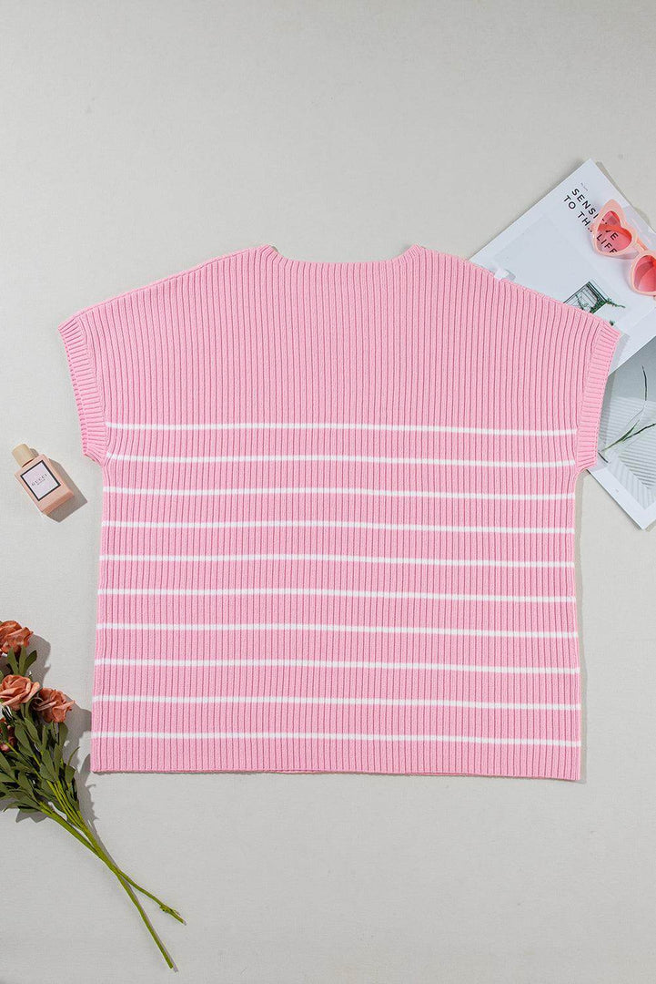 Pink Stripe Ribbed Loose Plus T Shirt - Fashion Queen -  15