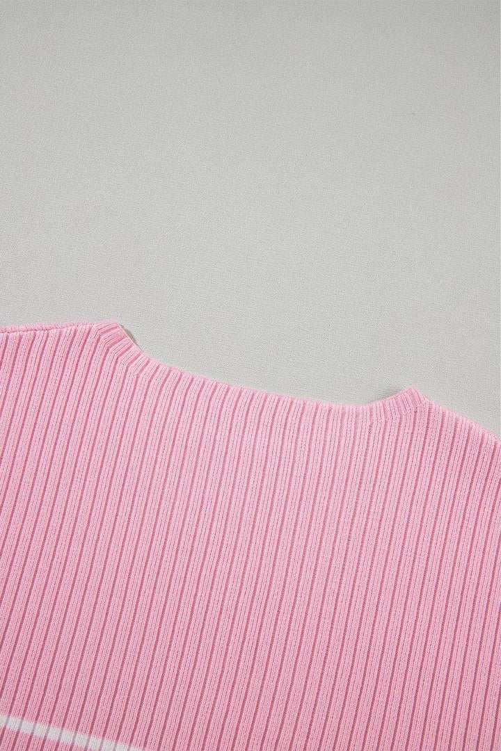 Pink Stripe Ribbed Loose Plus T Shirt - Fashion Queen -  16