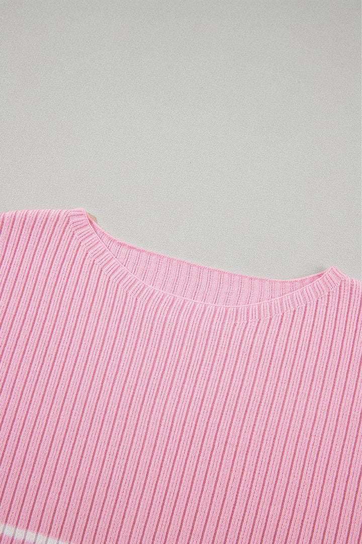 Pink Stripe Ribbed Loose Plus T Shirt - Fashion Queen -  17