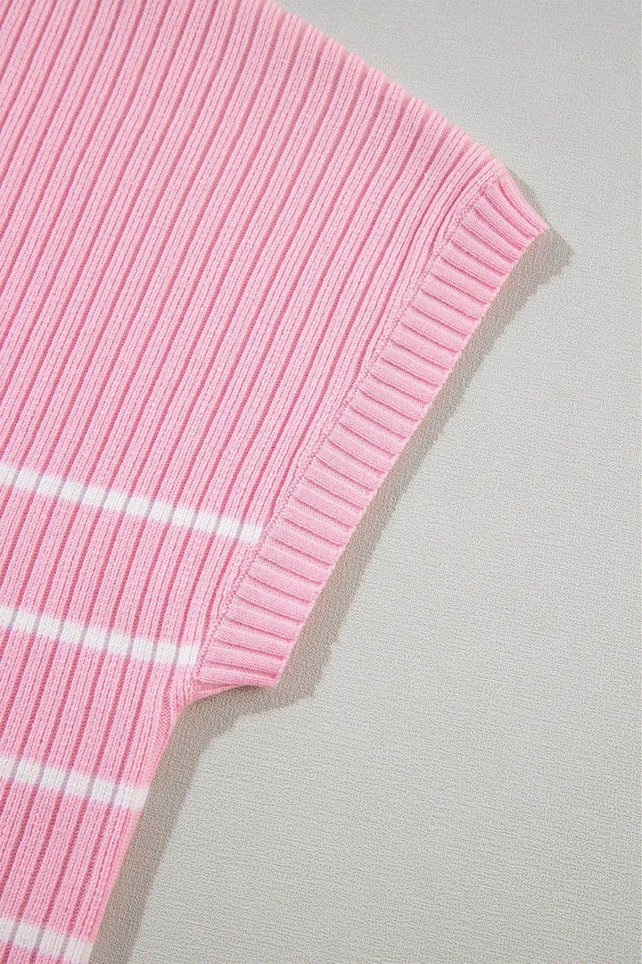 Pink Stripe Ribbed Loose Plus T Shirt - Fashion Queen -  18