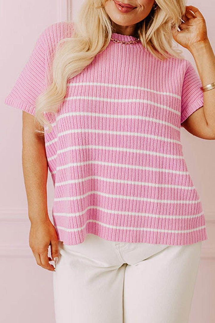 Pink Stripe Ribbed Loose Plus T Shirt - Fashion Queen -  8