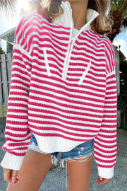 Pink Stripe Zip up Collar Drop Shoulder Sweater - Fashion Queen -  1
