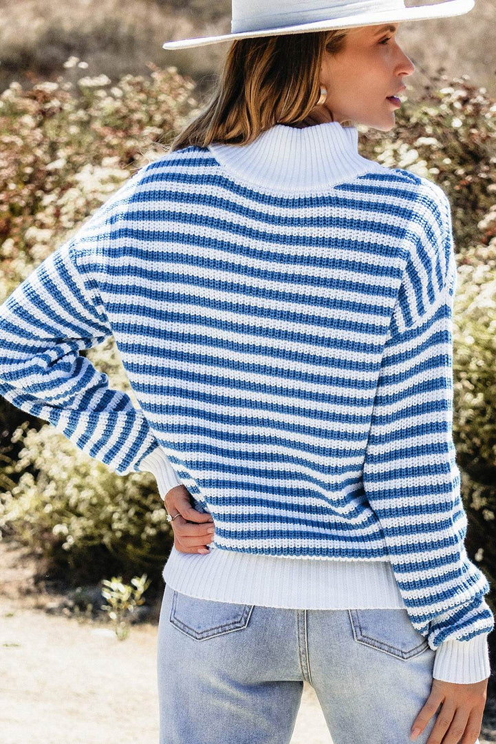 Pink Stripe Zip up Collar Drop Shoulder Sweater - Fashion Queen -  11