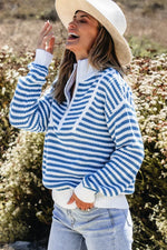 Load image into Gallery viewer, Pink Stripe Zip up Collar Drop Shoulder Sweater - Fashion Queen -  12
