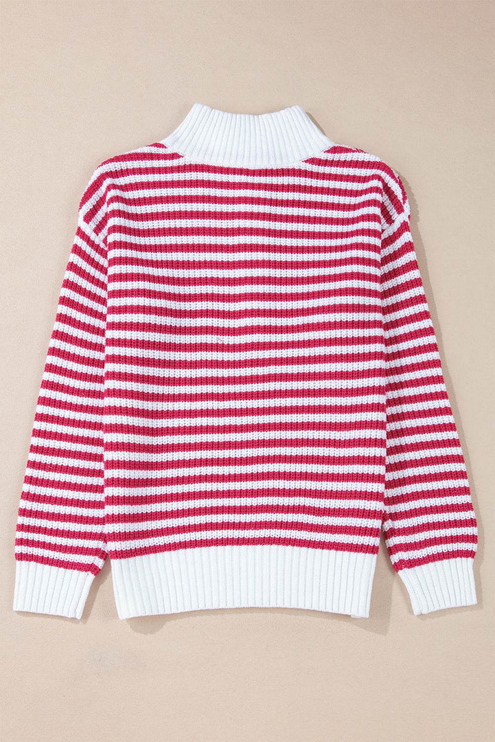 Pink Stripe Zip up Collar Drop Shoulder Sweater - Fashion Queen -  13