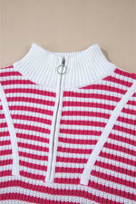 Load image into Gallery viewer, Pink Stripe Zip up Collar Drop Shoulder Sweater - Fashion Queen -  16
