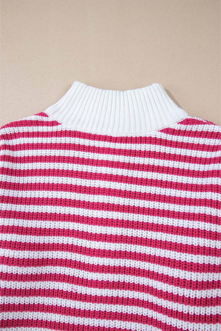 Pink Stripe Zip up Collar Drop Shoulder Sweater - Fashion Queen -  17