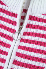 Load image into Gallery viewer, Pink Stripe Zip up Collar Drop Shoulder Sweater - Fashion Queen -  18
