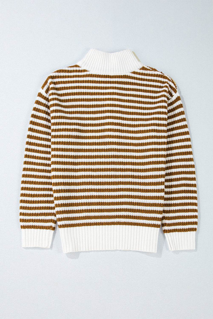 Pink Stripe Zip up Collar Drop Shoulder Sweater - Fashion Queen -  19