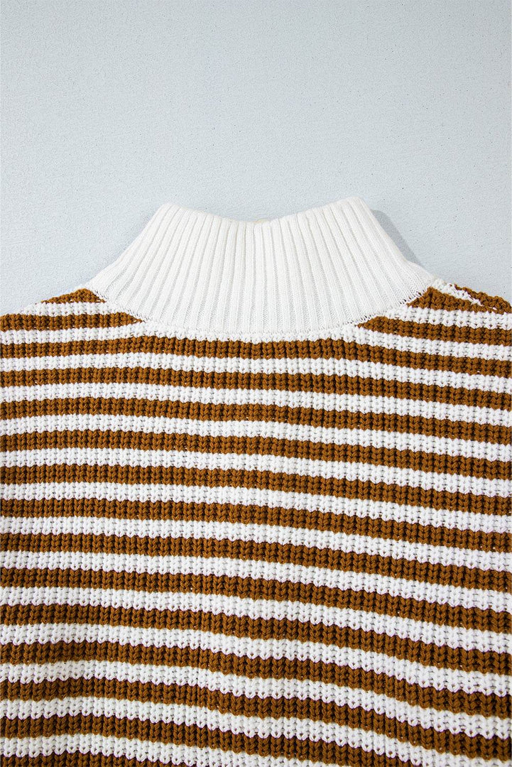 Pink Stripe Zip up Collar Drop Shoulder Sweater - Fashion Queen -  20